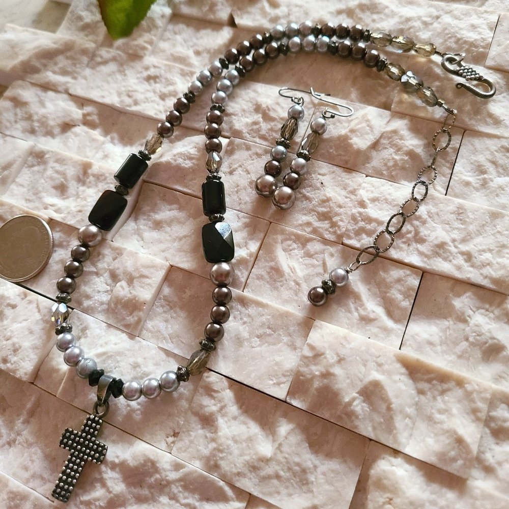 Sterling Silver Cross, Glass Pearls, Onyx, Crystal
